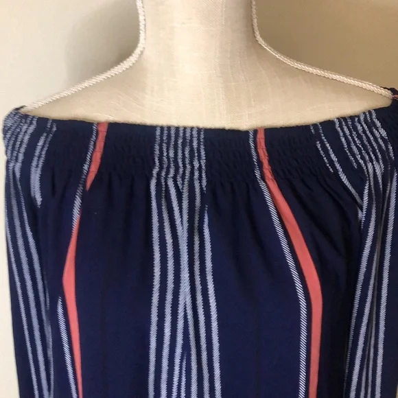 Navy blue, white and coral stripe off the shoulder blouse. - Picture 2 of 6